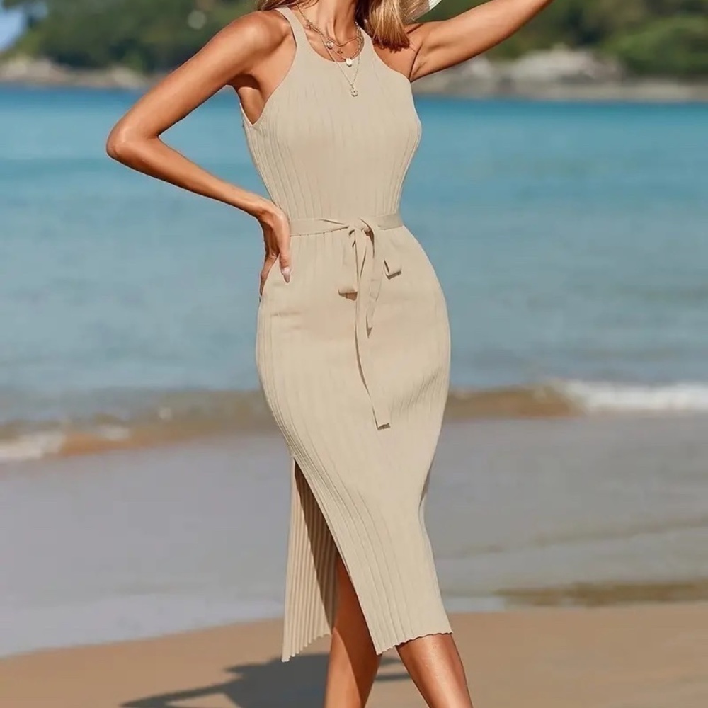 Tank Dress Sleeveless Ribbed Tie Waist Bodycon